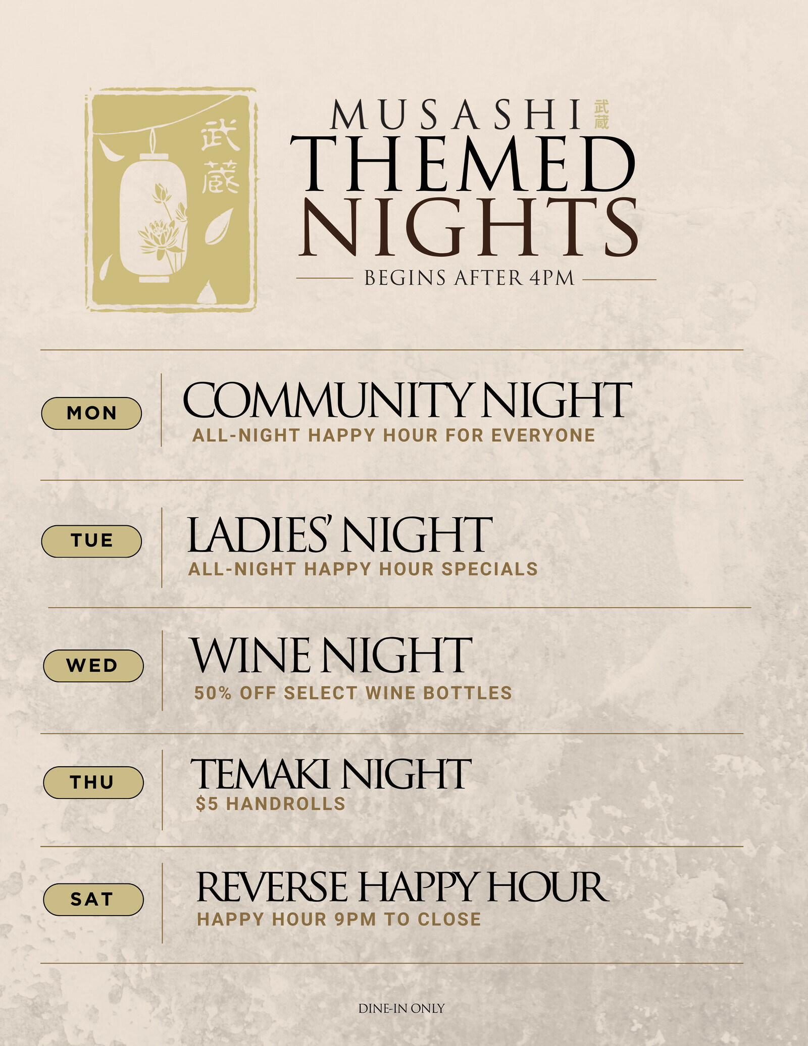 Musashi Japanese Fusion Themed Nights Menu